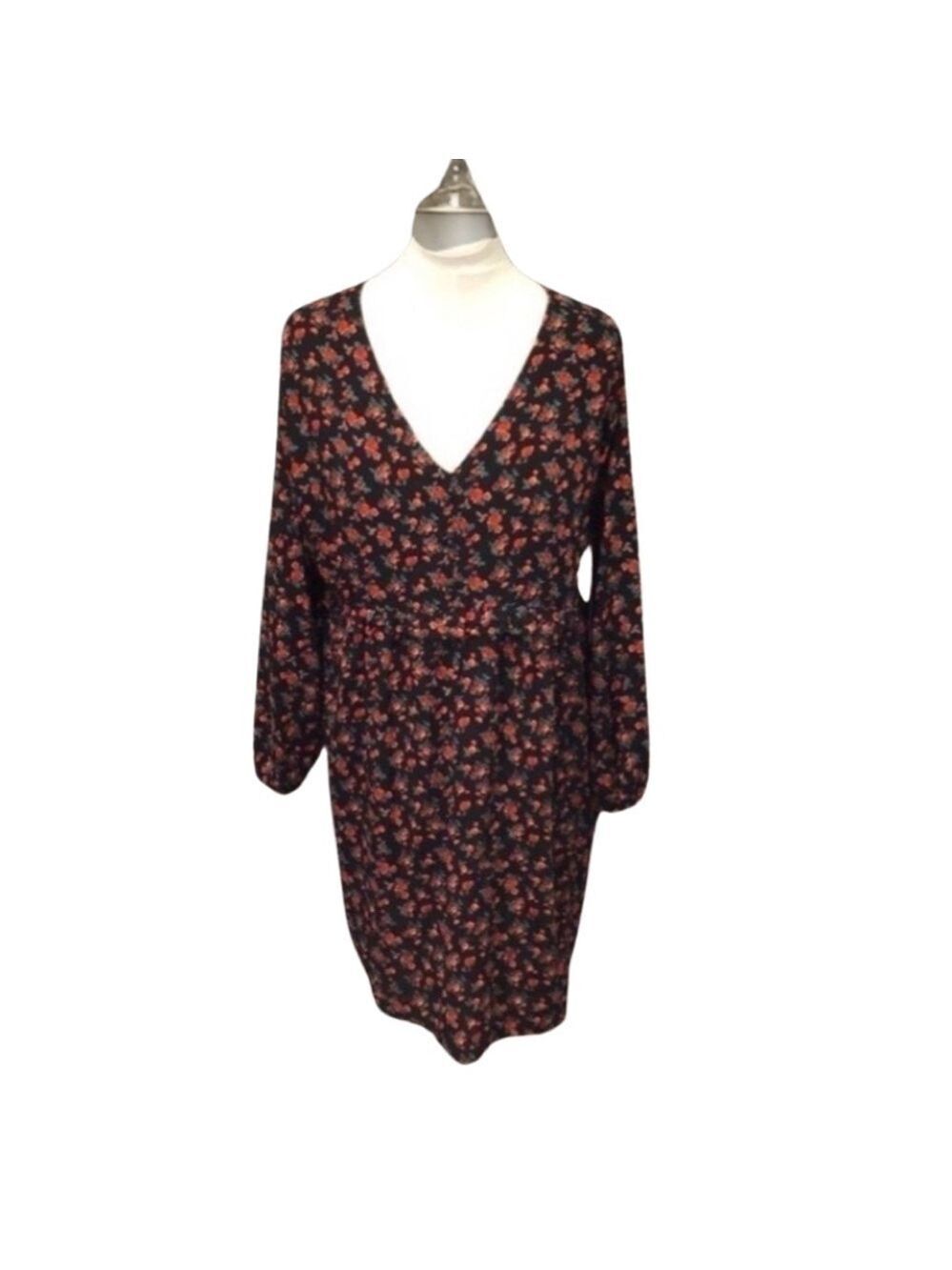 Cure Long Sleeve A-Line Black Floral Midi Dress NWT Size 2XL